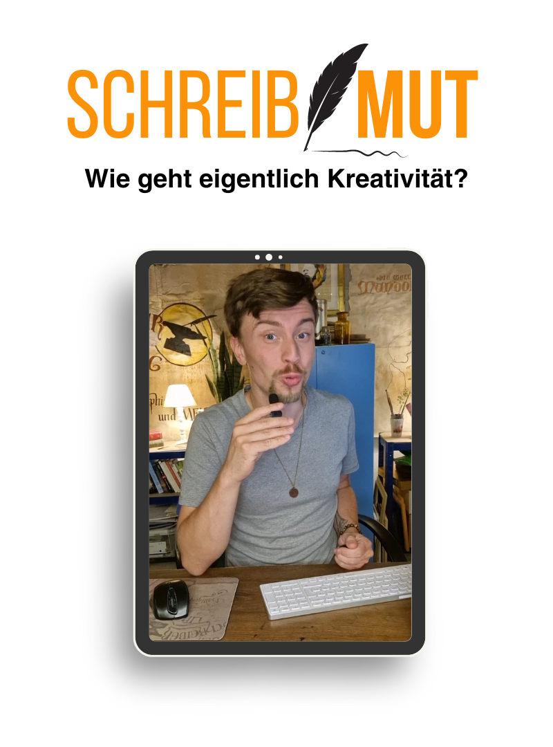 Schriftzug 'Schreibmut, Wie geht eigentlich Kreativität?' mit Schreibfeder, Tablet mit Bild von Autor Florian Eichhorn (junger Mann mit Mikrofon, graues T-Shirt, Schreibtisch, Tastatur und Maus).